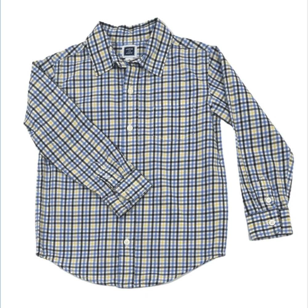 Janie and Jack blue, yellow and white plaid button down boys size 6 EUC